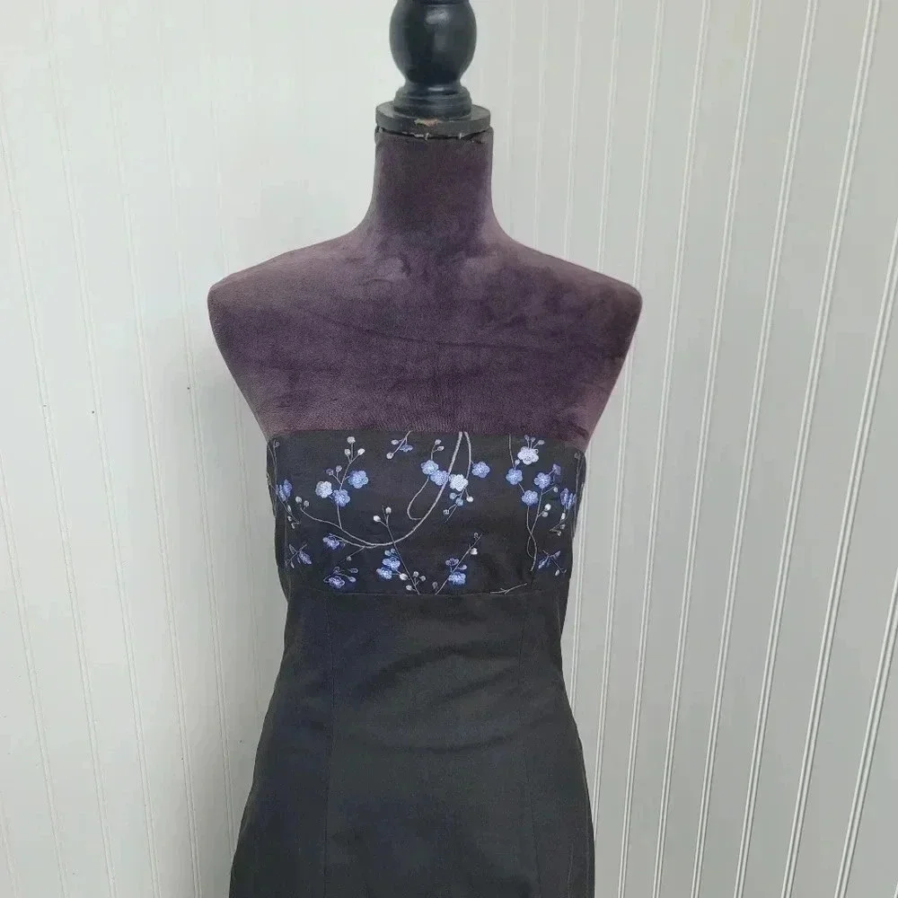 Express Design Studio Dress Womens Black Blue Strapless Satin Fitted Formal 3/4